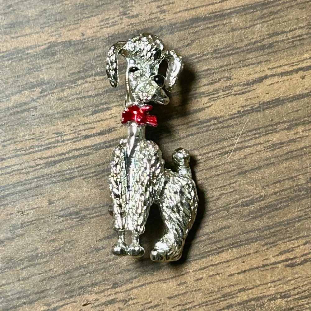 Vintage Poodle Brooch Silver Tone Red Enamel Bow Textured Dog Pin 1.75in